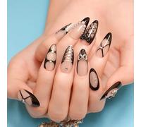 10PCS Smoky Silver Edge Press on Nails - Almond Shape Fake Nail Tips Pearl Accent Chic Bow Black Ribbon Glamour - Elegant Vintage Dark Romance Modern Pearl Edge Art