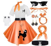 10Pcs Sock Hop Outfits Women, 1950s Poodle Skirts, Poodle T-Shirt with 50s Accessories Socks Scarf Headband Belt Earring, Orange, Medium