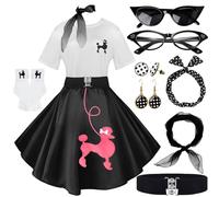 10Pcs Sock Hop Outfits Women, 1950s Poodle Skirts, Poodle T-Shirt with 50s Accessories Socks Scarf Headband Belt Earring, Blackrose, Medium