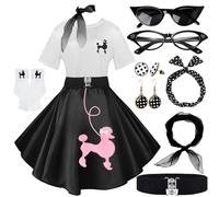 10Pcs Sock Hop Outfits Women, 1950s Poodle Skirts, Poodle T-Shirt with 50s Accessories Socks Scarf Headband Belt Earring, Blackpink, Medium