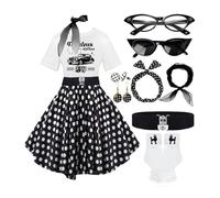 10Pcs Sock Hop Outfits Women, 1950s Poodle Skirts, Poodle T-Shirt with 50s Accessories Socks Scarf Headband Belt Earring, Black-white-dot-sockhop, Medium