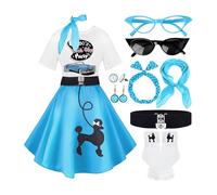 10Pcs Sock Hop Outfits Women, 1950s Poodle Skirts, Poodle T-Shirt with 50s Accessories Socks Scarf Headband Belt Earring, Blue-sockhop, Medium