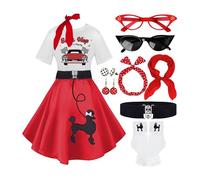 10Pcs Sock Hop Outfits Women, 1950s Poodle Skirts, Poodle T-Shirt with 50s Accessories Socks Scarf Headband Belt Earring, Red-sockhop, Medium