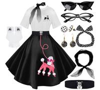 10Pcs Sock Hop Outfits Women, 1950s Poodle Skirts, T-Shirt with 50s Accessories Socks Scarf Headband Belt Earring, Blackrose, Medium