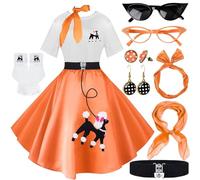 10Pcs Sock Hop Outfits Women, 1950s Poodle Skirts, T-Shirt with 50s Accessories Socks Scarf Headband Belt Earring, Orange, Medium