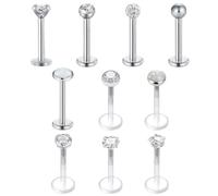 10pcs Stainless Steel Lip Studs - Labret, Helix & Threadless Rings - Silver & Clear Gem Ball Set - Jewelry for Women & Men