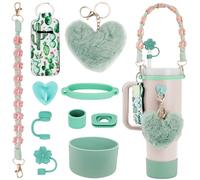 10PCS Stanley Cup Accessories Set for 30oz 40oz Tumbler,Including Silicone Stanley Cup Boot Straw Cover, Spill Stopper,Heart Charm, Water Bottle Handle Strap&Tumbler Charms Decorations(Mint Green)