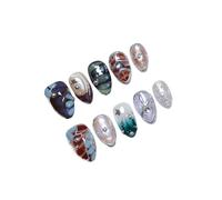 10pcs Starlight Illusion Handmade Nails Shell Stars Press On Nail Short Amond Full Coverage Tips For Women&Girl False Full Coverage(XS Medium Almond)