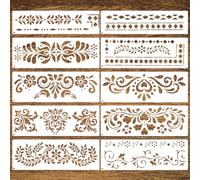 10Pcs Stencils for Painting on Wood, Mexican Floral Corner Border Stencils | white PET. 8 large 30x10.16cm + 2 small 30x7.62cm. Includes metal ring. Reusable. Ideal for wood, furniture, walls