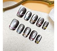 10pcs Sweet Cool Dark Short Cat Eye Style Handmade False Nails, Dark Short Nail Decoration Patches for Women(M)