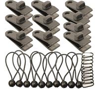 10pcs Tarp Clips Heavy Duty Lock Grip with 10pcs Ball Bungee Cords, 10pcs Carabiner Clip, Fixed Plastic Linoleum Tent Clips Tarp Clamps Tent Fasteners,Tarpaulin Canvas Clips for Awning Outdoor Camping