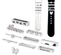 10pcs Watch Band Charms, Glitter Diamond Decoration Smart Watch Charms Compatible with Apple Bands Buckle Metal Ornament for Iwatch Series 7 6 5 4 3 2 1 (Silver, without Strap)