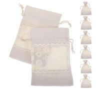 10pcs White Canvas Drawstring Bag Pouch with Lace Window | Bulk Empty Bags, Small Size for Candies, Printed Pattern Detail, Sturdy Everyday Storage Pouch