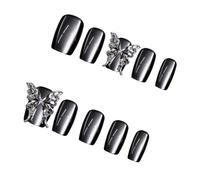 10Pcs Women Press On Nails Cats Eye Square False Nails With 3D Butterfly And Glossy Metallic Gray Designs Glues On Nails