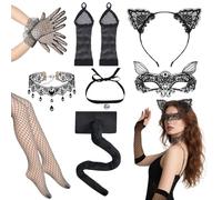 10Pcs Women’s Cat Costume Accessories Set, Black Lace Cat Women's Masquerade Costume with Eye Cover, Tail, Lace Gloves, Mesh Stockings,Necklace for Women Girl Halloween Theme Party