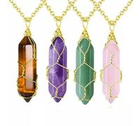 10pcs Wrapped Natural Stone Hexagonal Gold Bullet Shape Quartz Pendant Necklace-Mix color
