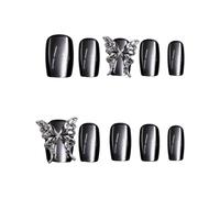 10Pieces Glossy Metallic Gray Color Press on Faux Nails Square Shape False with 3D Butterfly for Women Art Manicure