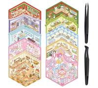 10Sets DIY 3D House Stickers Kit,Fun DIY Stickers Scene with 2 Tweezers,Scene Therapy for Kids and Adults,Cartoon Miniature House Landscaping Stickers,Make Your Own Store, Restaurant, Supermarket