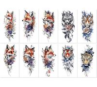 10sheets Small Full-Arm Temporary Tattoo Stickers, Fox And Tiger, Colorful Creative Temporary Tattoo Stickers, Realistic Disposable.