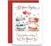10th Anniversary Card - Cute Pair of Tins Design - Tin Anniversary Card - A5 Size Card with Red Envelope