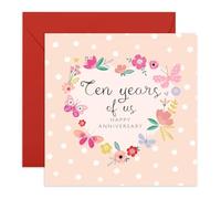 10th Anniversary Card Heart of Flowers & Butterflies- 'Ten Years Of Us Heart' - Gifts for Wife, Husband, Spouse, Partner, Honey, Other Half - Together- Comes with Fun Stickers