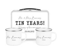10th Anniversary Keepsake Box with Matching Mugs - 10 Year Wedding 10th for Husband, Wife or Couple - 10th Wedding Anniversary Mr & Mrs Rustic Personalised Tin with Optional Enamel Mugs