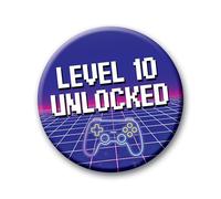10th Birthday Badge - 76mm Level 10 Unlocked Pin Badge Button Video Game Birthday Gift for Boys