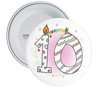 10th Birthday Badge with Candle Numbers and Pink Background available in a choice of 2 sizes (75mm)