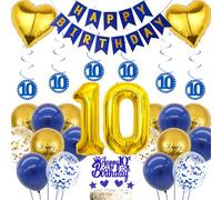 10th Birthday Balloons Decorations for Boys - 44 Pieces 10 Year Old Party Supplies with Number 10 Balloon Hanging Swirls, 10th Happy Birthday Banner Blue Gold Cake Topper