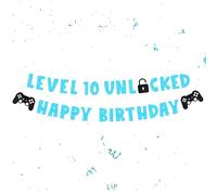 10th Birthday Banner for Boys - Blue Level 10 Unlock Bunting Banners With Game Controller Paper Happy Birthday Letters Banners for Kids 10 Years Party Supplies