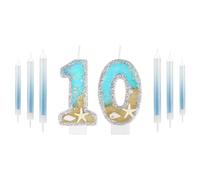 10th Birthday Candles for Cake, Silver Shell Sequins Birthday Candles, Boys Girls 10th Birthday Decorations, Mermaid Themed Birthday Decorations Party Supplies, Gold Blue Number 10 Candles Birthday