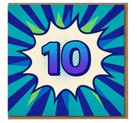 10th Birthday Card - Bold Comic Pop Art Number 10 Design, Blue & Green Starburst, Fun Kids Birthday Card for Boys or Girls, Age 10