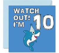 10th Birthday Card Boy - Shark Watch Out - Happy Birthday Card 10 Year Old Boy, Boys Cards for Him, 145mm Greeting for Son Brother Grandson Nephew Cousin God Son