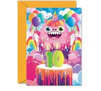 10th Birthday Card Boys Girls - Little Monster Party - Happy Birthday Card for 10 Year Old Boy Girl Kids, 5x7 Inch Ten Tenth Bday Cake Greeting Cards