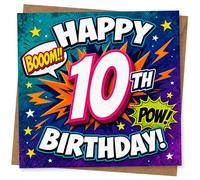 10th Birthday Card for Boy or Girl, Comic Style Happy 10th Birthday Card with Boom and Pow Design