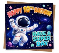 10th Birthday Card for Child, Bold Astronaut Super Day | Space-themed fun for a Child’s 10th birthday: astronaut in a starry sky with planets, “Happy 10th Birthday” and “Super Day”.