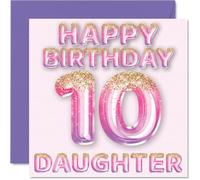 10th Birthday Card for Daughter - Pink & Purple Glitter Balloons - Happy Birthday Cards for 10 Year Old Daughter from Mum Dad Parents, 145mm Bday Greeting Cards Gift