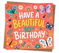 10th Birthday Card for Girl, Butterflies, Rainbows, Hearts | “Have a Beautiful 10th Birthday” on coral, with colourful butterflies, rainbows, flowers and hearts.