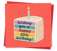 10th Birthday Card for Girl or Boy, Wishing You a Happy 10th Birthday Cake Design with Candle, Colourful Children's Greeting Card