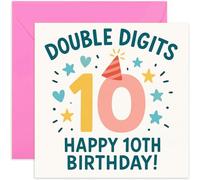 10th Birthday Card For Her - Double Digits Design - Illustrated Card With Hearts And Stars - Playful And Child-Friendly - Blank Inside With Envelope