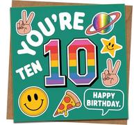 10th Birthday Card for Kids - You're Ten Rainbow Number 10 with Fun Stickers - Square 145mm x 145mm - Happy Birthday Card with Kraft Envelope for Boy or Girl