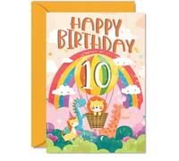 10th Birthday Card Girls Boys - Hot Air Balloon Rainbow - Happy Birthday Card for 10 Year Old Girl Boy Kids, A5 Ten Tenth Bday Animal Greeting Cards