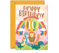10th Birthday Card Girls Boys - Hot Air Balloon Rainbow - Happy Birthday Card for 10 Year Old Girl Boy Kids, 5x7 Inch Ten Tenth Bday Animal Greeting Cards