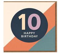 10th Birthday Card - Number Ten on Navy Circle, Polka Dot and Striped Digits, Modern Colour-Block Design with 'Happy Birthday'