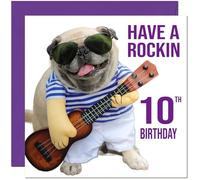 10th Birthday Card - Rock n Roll Pug Dog Funny Birthday Card for 10 Year old Kids ten, tenth