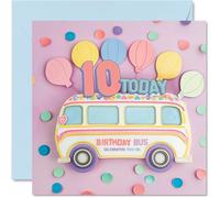 10th Birthday Cards for Girls - Balloon Bus - Happy Birthday Card for 10 Year Old Girl Granddaughter Niece Daughter Cousin, 145mm Bday Greeting Cards