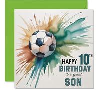 10th Birthday Cards for Son - Watercolour Football Splash - Happy Birthday Card for 10 Year Old Son from Dad Mum, 145mm Bday Greeting Cards