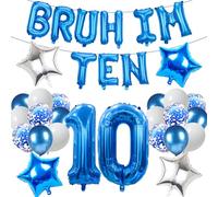 10th Birthday Decoration Balloon Boys - 33 PC Blue 10th Birthday Set | 33 Pcs Blue Bruh I'm Ten Letter Banners Number 10 Star Foil Latex Balloons
