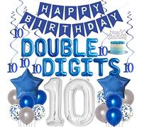 10th Birthday Decoration Blue for Double Digits 10th Balloon Banner Cake Topper Hanging Swirls for 10 Year Old Birthday Party Celebration Supplies