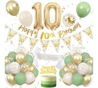 10th Birthday Decoration Sage Green, Green White Gold Birthday Decorations for 10 Year Old, Number 10 Balloons with Banner, Cake Decoration for Boy and Girl, 10 Year Old Birthday Decoration